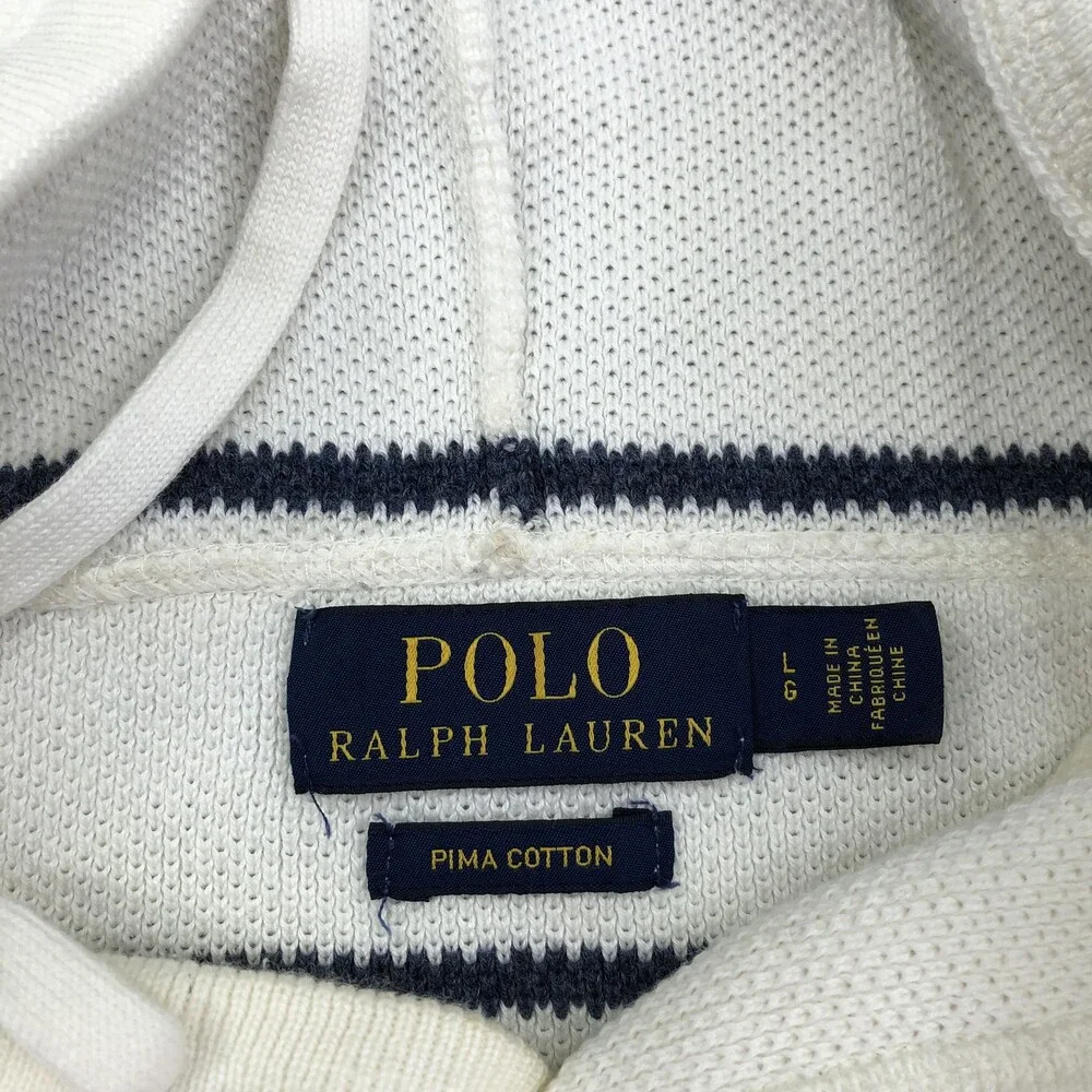 Polo Ralph Lauren Sweater Mens Large White Striped Hooded Pima Cotton Logo